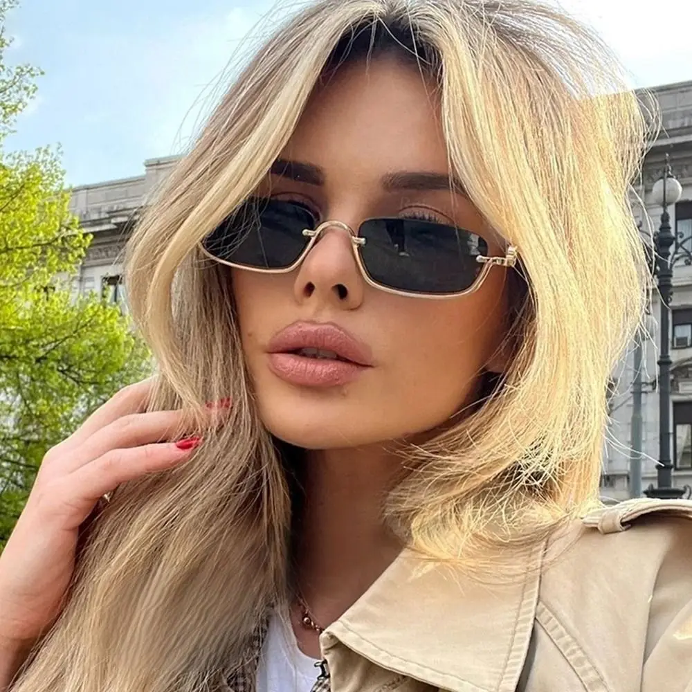 نظارات شمسية نسائية مربعة صغيرة للحماية من الأشعة فوق البنفسجية 400، نظارات شمسية معدنية ضيقة بنصف إطار هيب هوب كلاسيكية للنساء والرجال