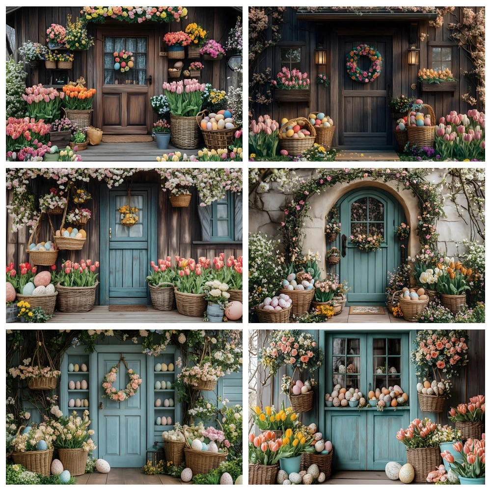 Spring Easter Photography Backdrops Wooden Door Tulip Flowers Colorful Eggs Baby Shower Kids Artistic Portrait Photo Background