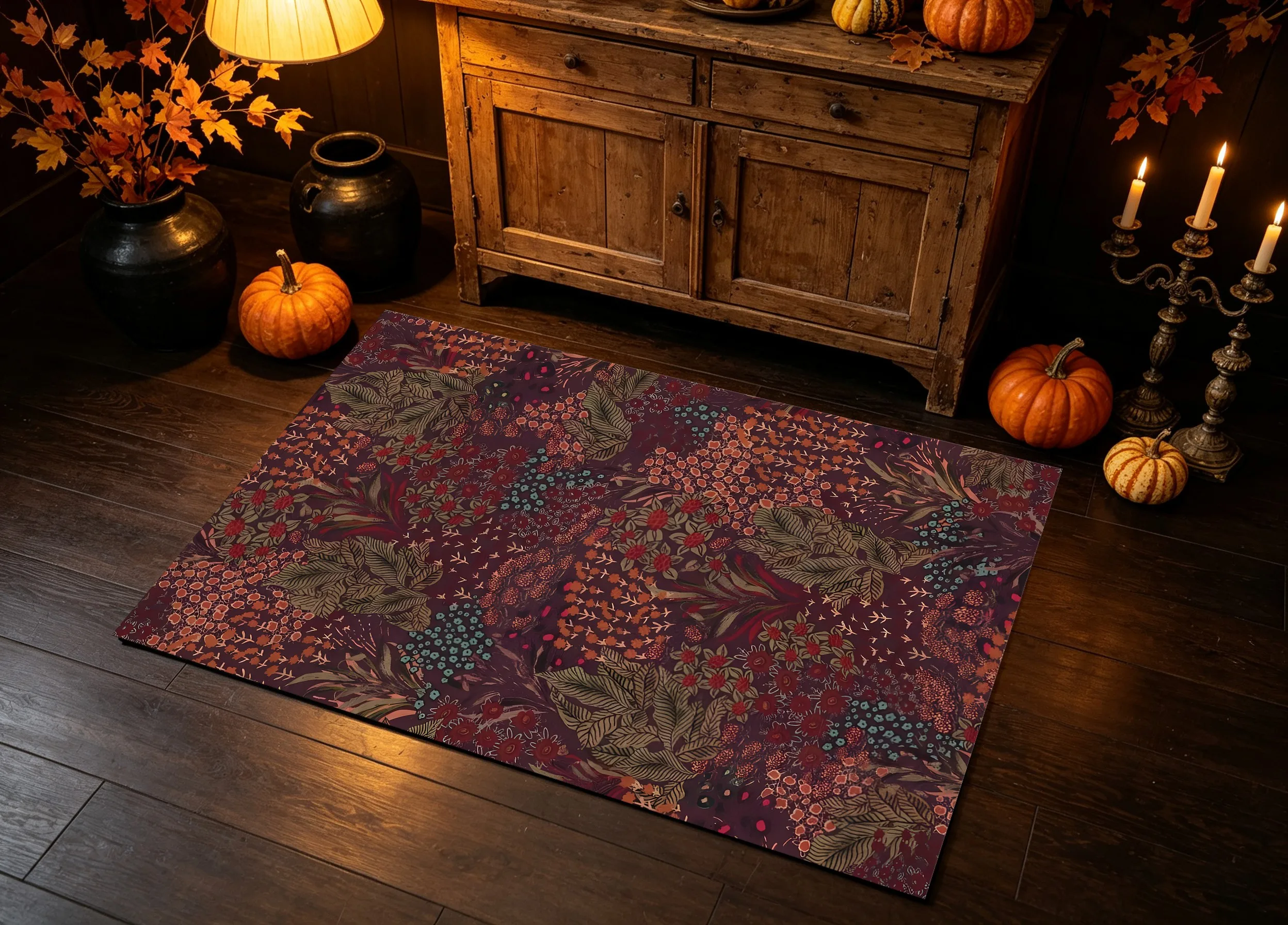 Vintage Berry Floral Christmas New Year Velvet Rug for Living Room and Bedroom, Warm Autumn-Winter Atmosphere
