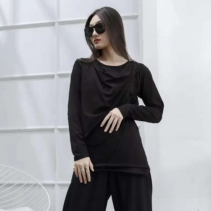 Ladies Long Sleeve Spring And Autumn New Pleated Individual Fashion Trend Hip Hop Large Size Long Sleeve Round Collar T-Shirt
