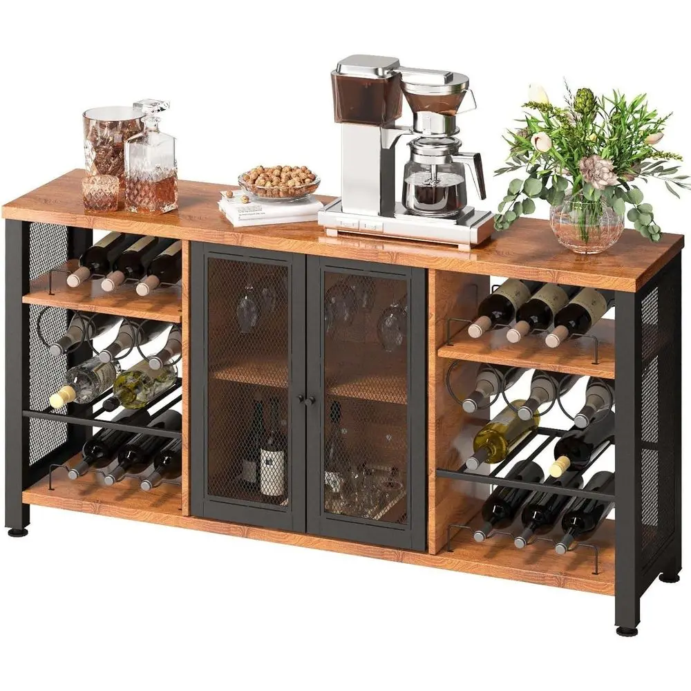 

55 Rustic Oak Liquor Cabinet with Wine Rack and Glass Holder for Living Room