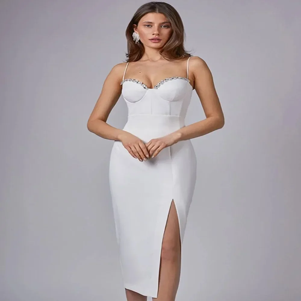 

Black Khaki Color Ladies Strap Sexy Bodycon Knee-Length Dress Bandage Strap Fashion Diamond Evening Party Dress Vestido