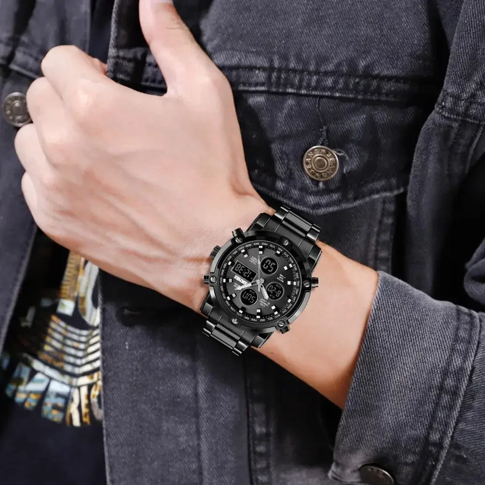 SKMEI-Reloj de pulsera con correa de acero para hombre, cronógrafo Digital de cuarzo, con tres tiempos, cuenta atrás, 1389