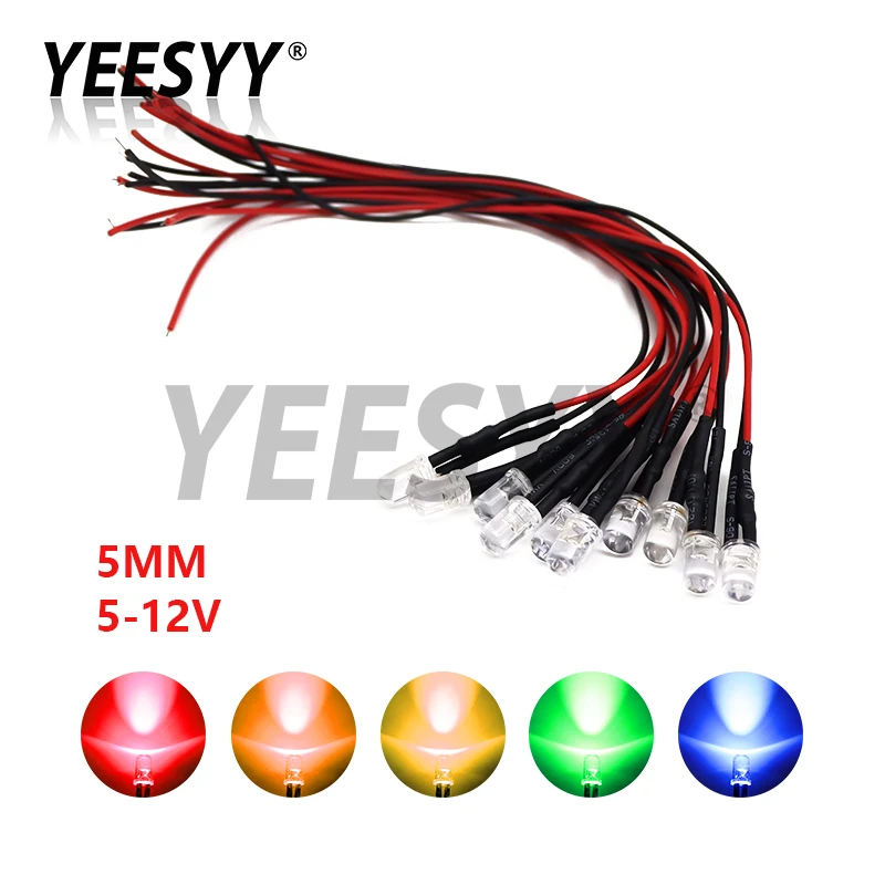 10PCS 5mm LED 12V 20cm Pre-wired White Red Green Blue Yellow UV RGB Diode Lamp Decoration Light Emitting Diodes Pre-soldered