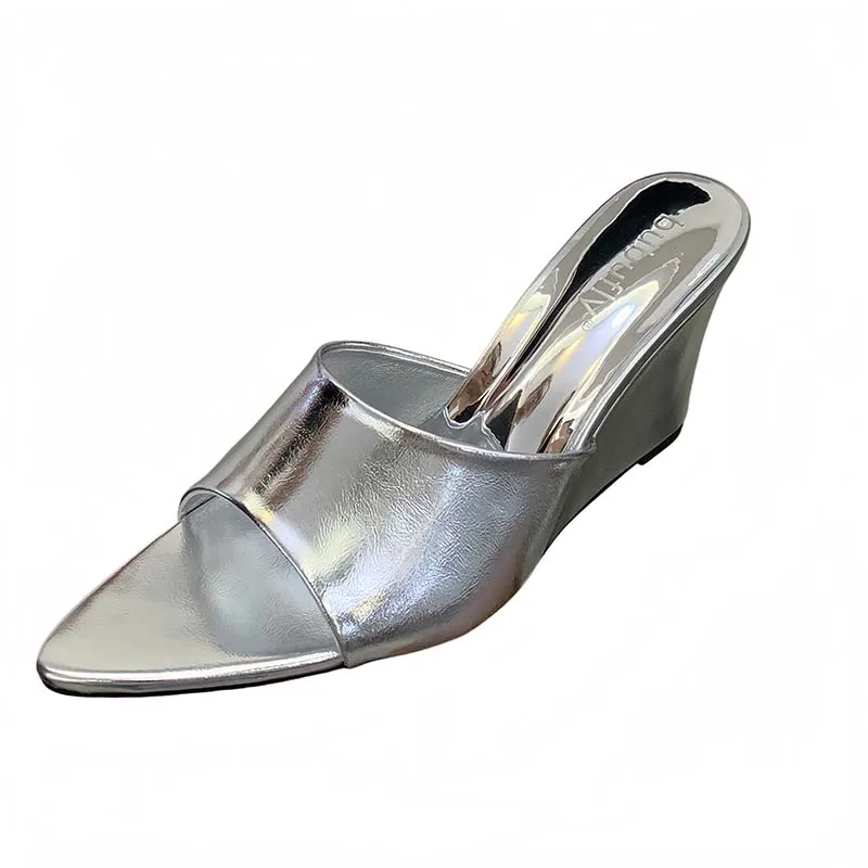 

Red Heels Slippers Woman Wedge Sandals 8cm Chunky Heels Pointy Shoes Summer Ladies Sandals Casual Gold Shoes