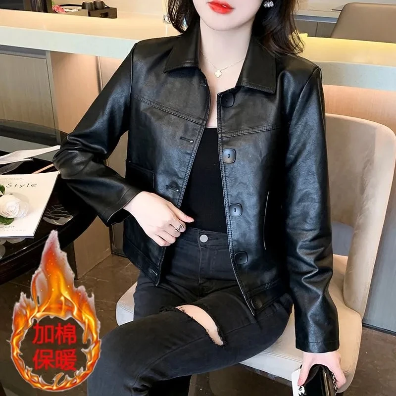 Black Spring Autumn Short PU Leather Jacket Women's Versatile High end Washed Leather Jacket Female Design Sense Motorcycle Top
