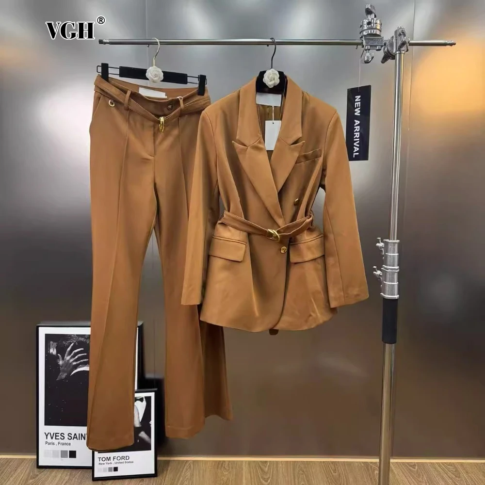 

VGH French Retro Spliced Sashes Two Piece Sets for Women Lapel Long Sleeve Top High Waist Straight Leg Pant Office Suit Female