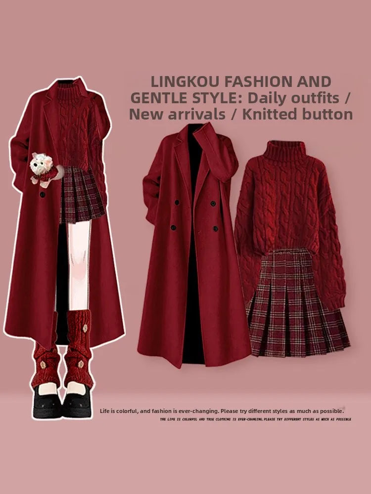 Winter Nieuwjaarsset voor dames: grote maat, rode gebreide trui met geruite rok, hoge taille, zachte stijl