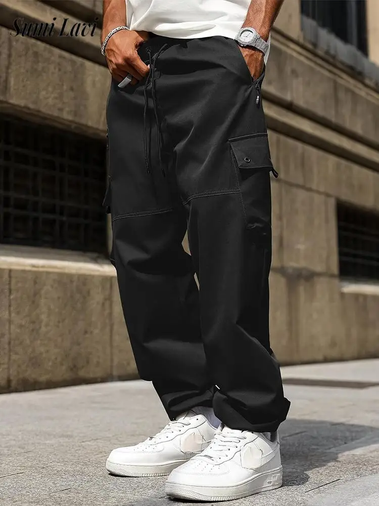 

Модные брюки-карго на шнурке, мужские весенне-осенние новые повседневные однотонные свободные прямые брюки для отдыха, мужские брюки с несколькими карманами