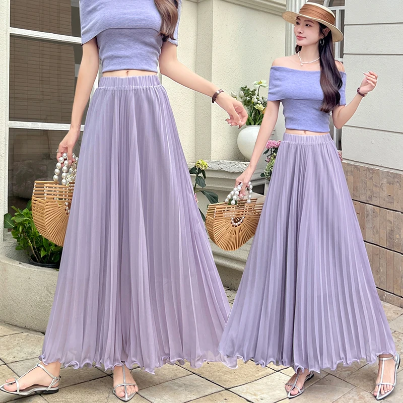 

Сплошная цветная плиссированная длинная юбка женская весна-лето модная эластичная тонкая пляжная юбка трапециевидной формы с высокой талией для вечеринок и танцев