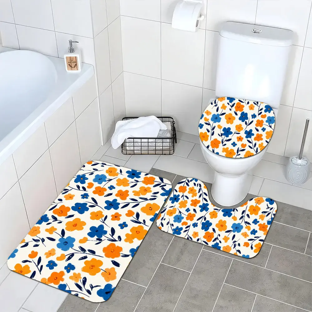 Cute Floral Bathroom Mat Set for Toilet Sink Vanity Tropical Blue Orange Home Decor Bath Rugs