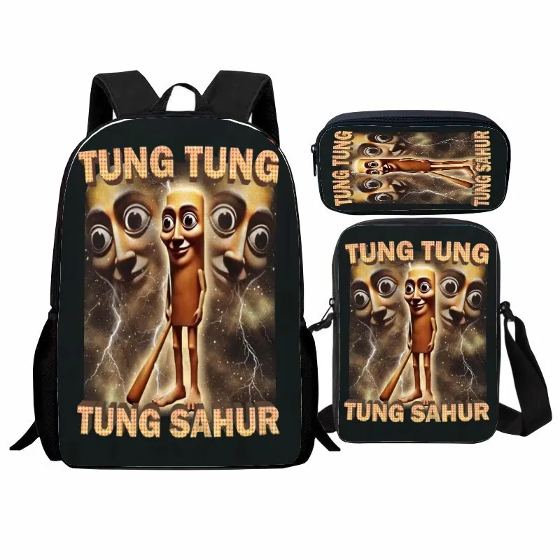 New product printed Shanhaijing wooden stick student backpack three piece set ton ton ton backpack shoulder bag pencil case
