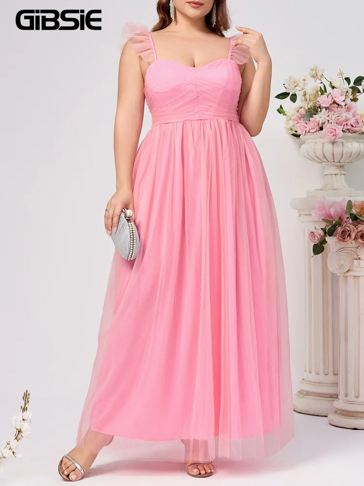 

GIBSIE Plus Size Elegant Square Neck Ruffle Trim Cami Dress Women Solid Color High Waist Backless Evening Party Long Dresses