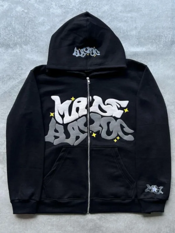 

American High Street Sle Zipper Hoodie Couple Matching Loose Fit Printed Sweatirt Sweet Sle Long Sve round Ne