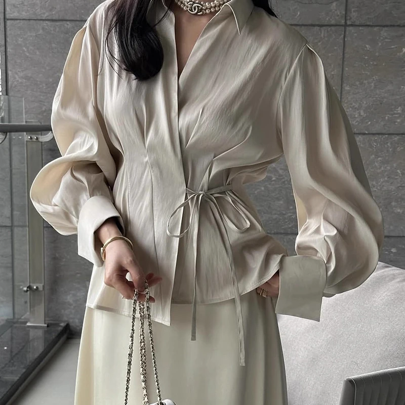 SuperAen Elegant Style Fashion Long-sleeved Shirt Summer New Waist Solid Color Poplin Casual Shirts