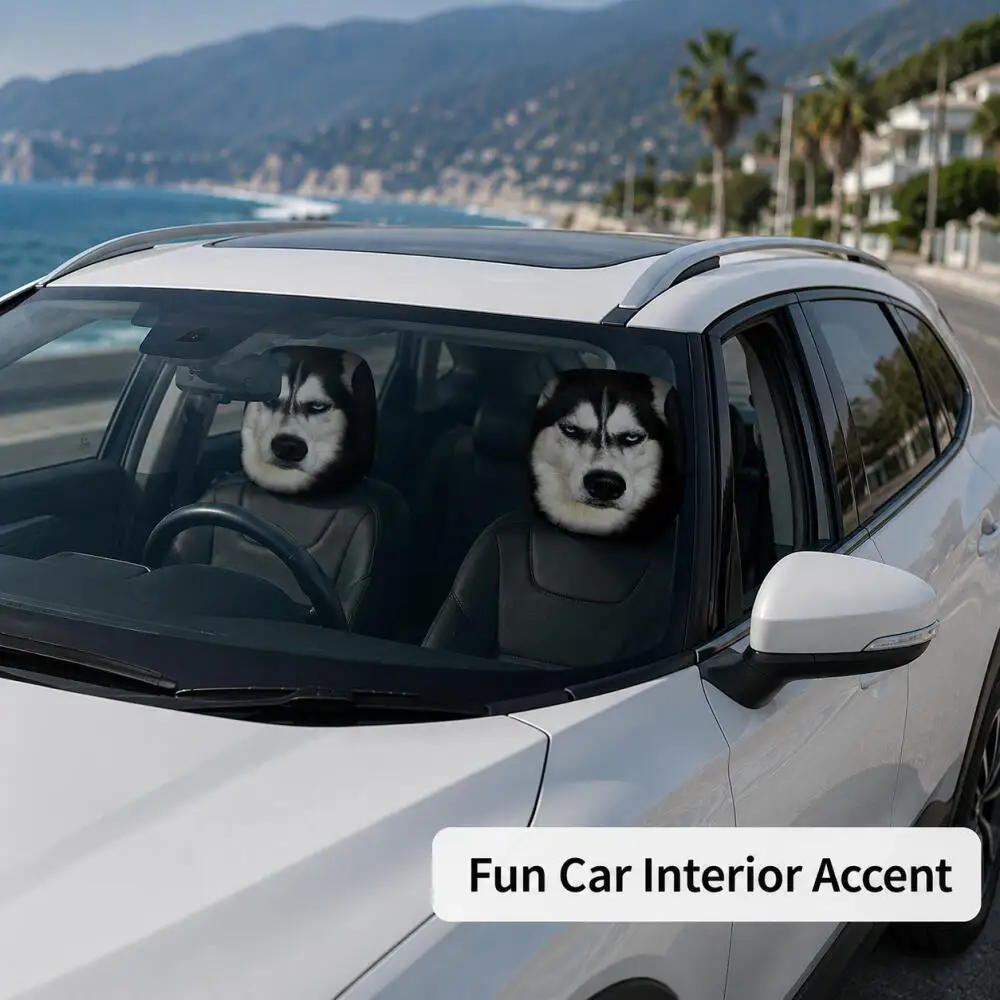 2PCS Funny Husky Dog Face Car Headrest Covers 2D Flat Cool Disdain Siberian Husky Black Dog Lovers Universal Auto Headrest Prote