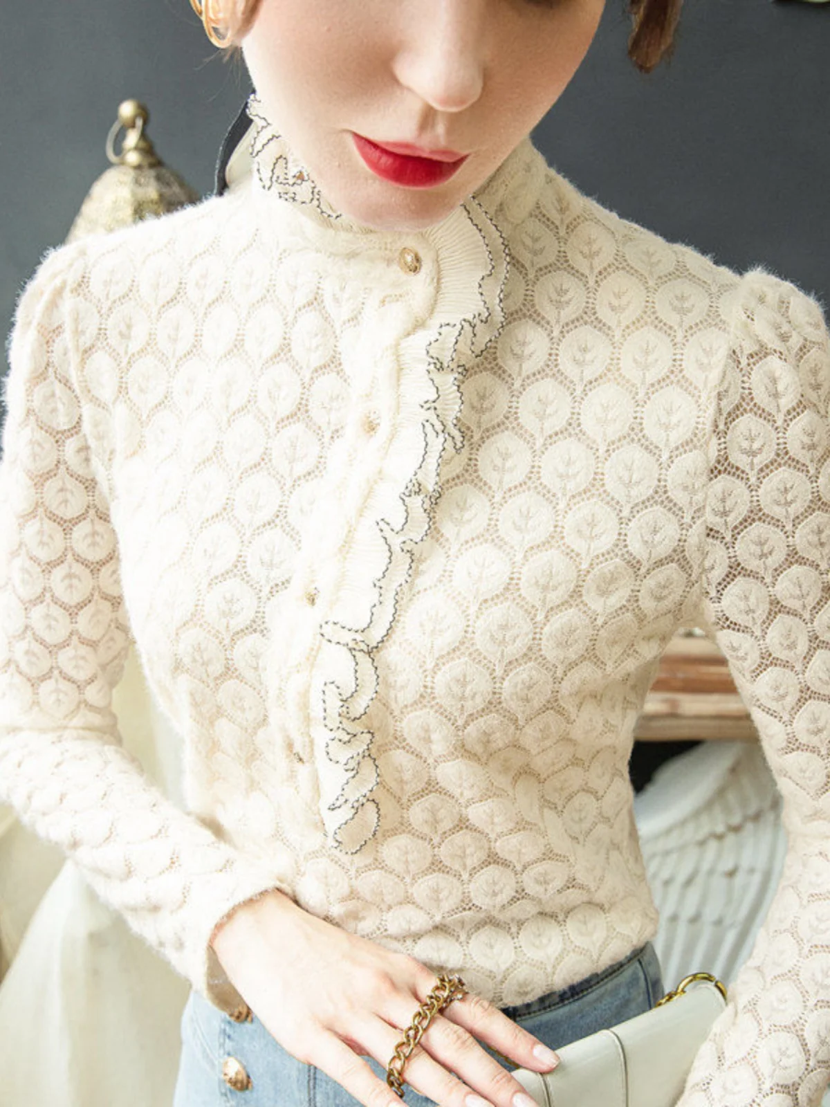 Camiseta de Manga Longa de Poliéster com Gola Alta e Forro de Renda Sexy para Mulheres, Confortável e Quente para o Outono e Inverno