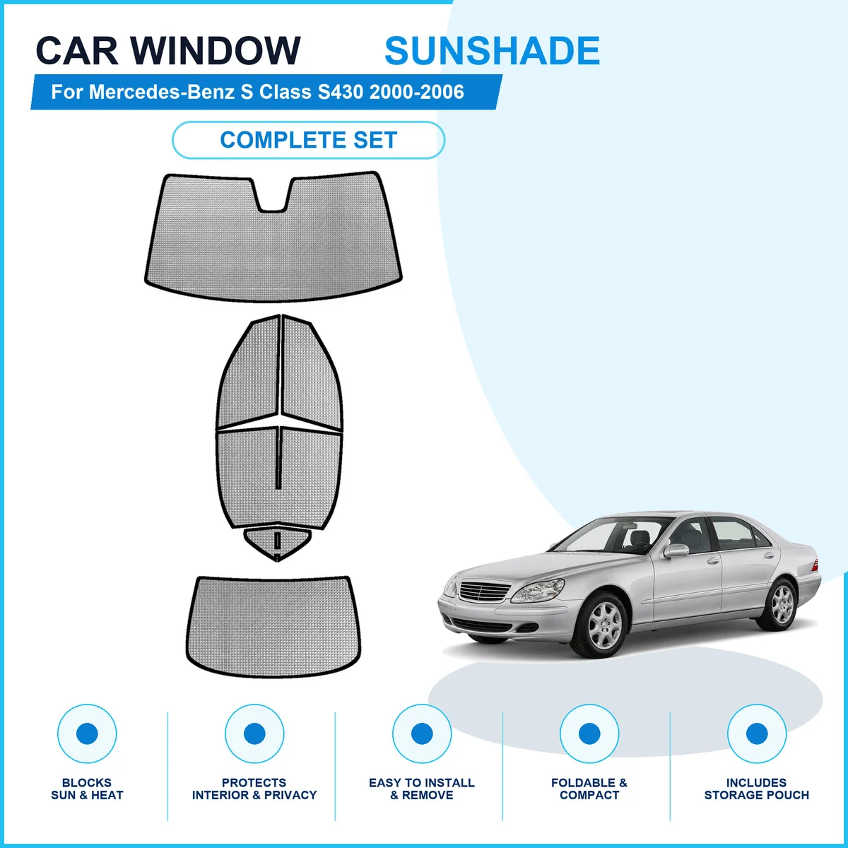 For Mercedes-Benz S Class S430 2000-2006 Custom Full Set Window Sunshades Aluminum Foil Suction Cup Anti UV Privacy