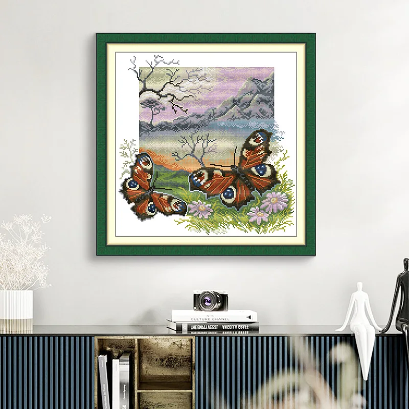 

Joy Sunday Pre-printed Cross Stitch Kit Easy Pattern Aida Stamped Fabric Embroidery Set-Two Butterflies 3