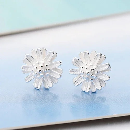 Real 925 Sterling Silver Daisy Sunflower Chrysanthemum Stud Earrings for Women Cute Fine Jewelry Minimalist Plant Accessories