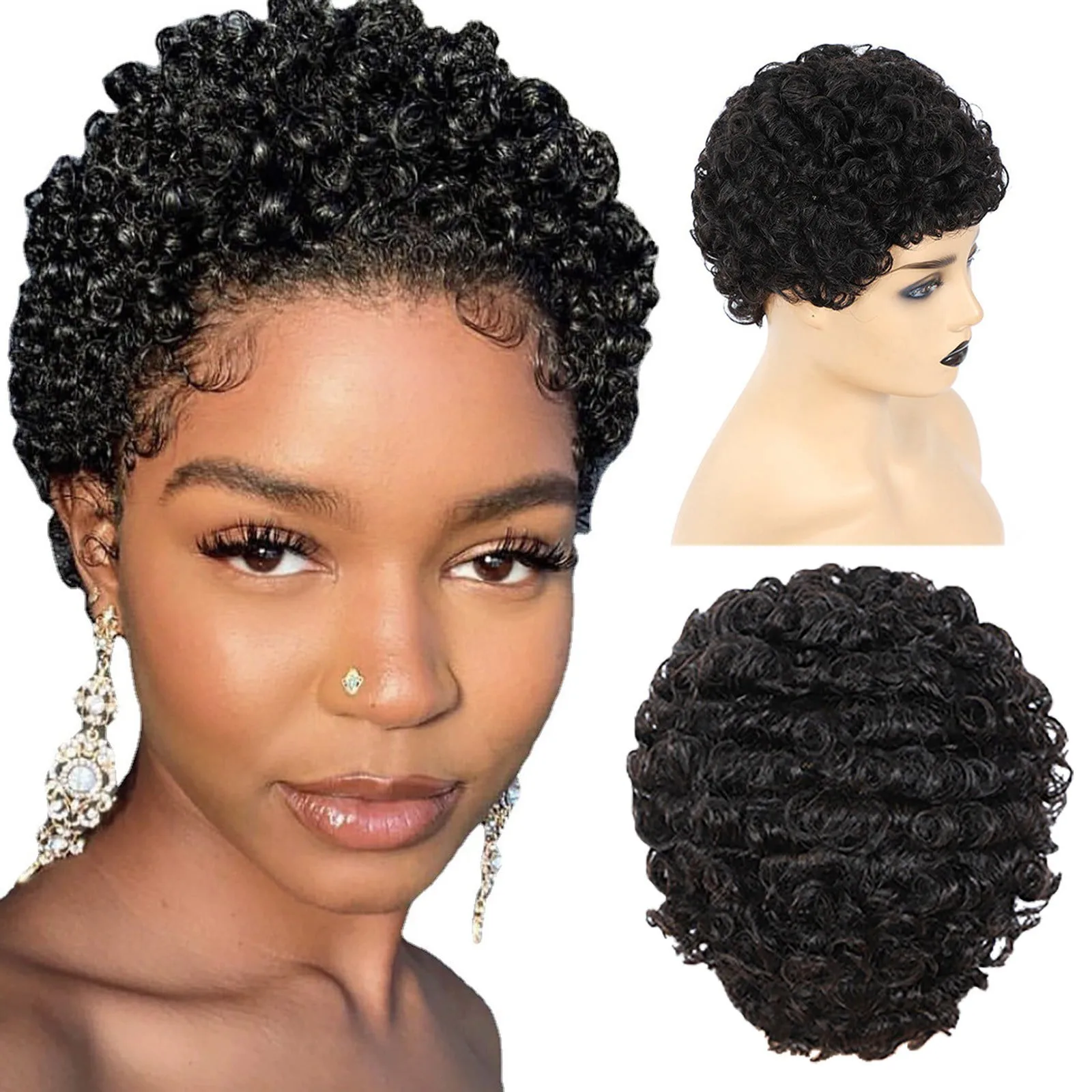 

Synthetic Curly Wigs Kinky Short Wigs For Black Women Human Hair Brazilian Curly Human Hair Wigs Full Machine Made Pixie Cut Wig