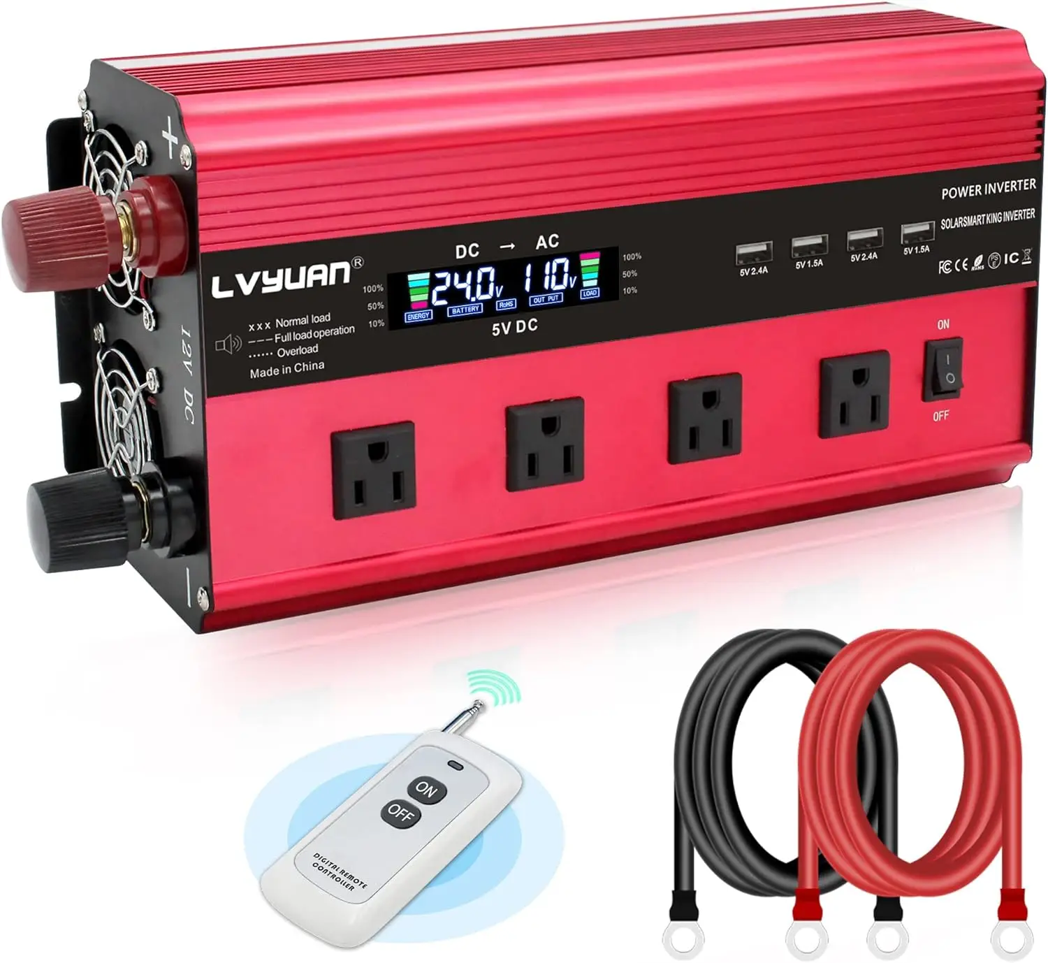 Power Inverter 24V to 110V DC to AC with LCD Display Remote Controller 4 x AC Outlets and 4 x 3.1A USB Car Adapter