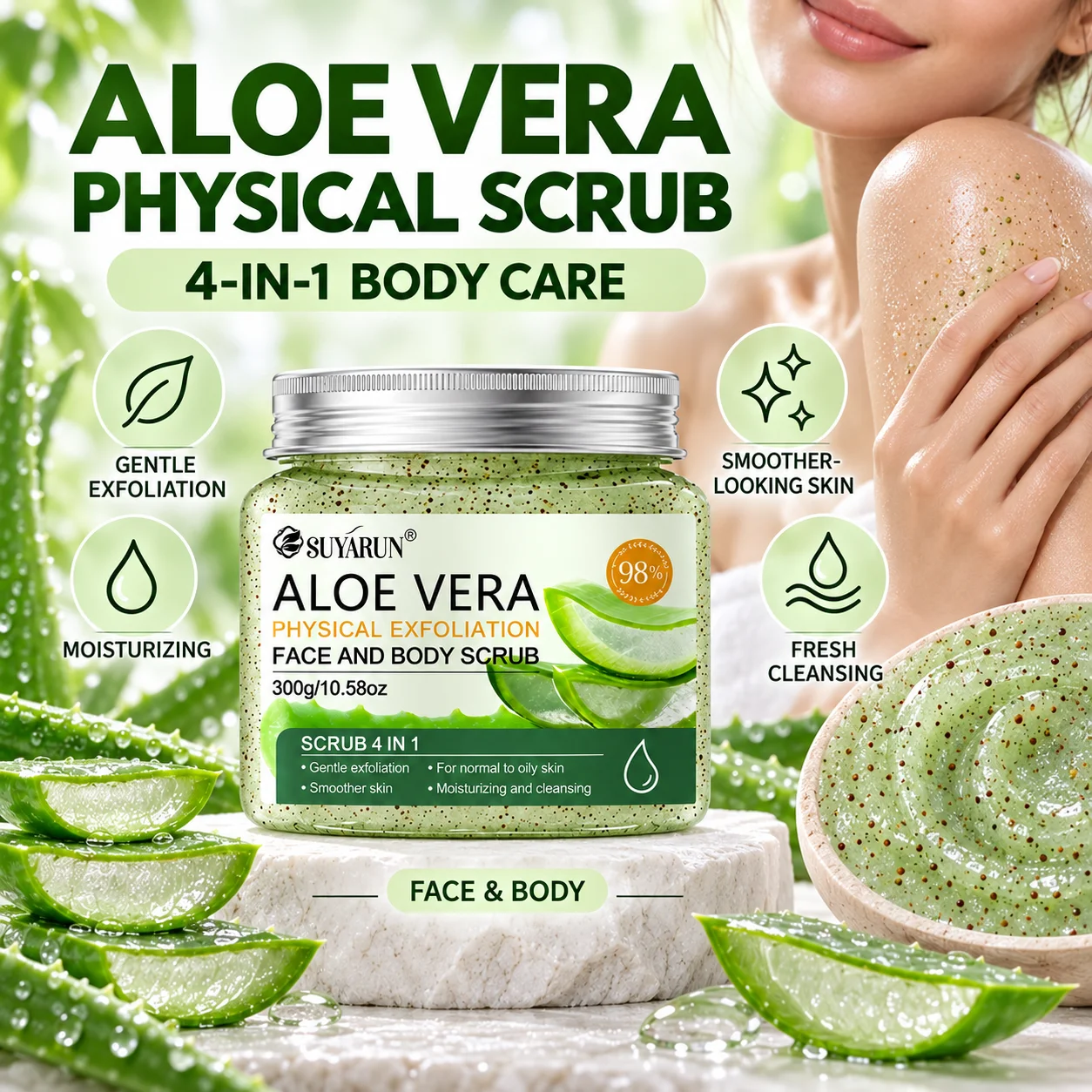 SUYARUN Natural Aloe Vera Exfoliating Scrub for Face & Body - Moisturizing Organic Formula, Gentle Skin Renewal 300g + 30ml.