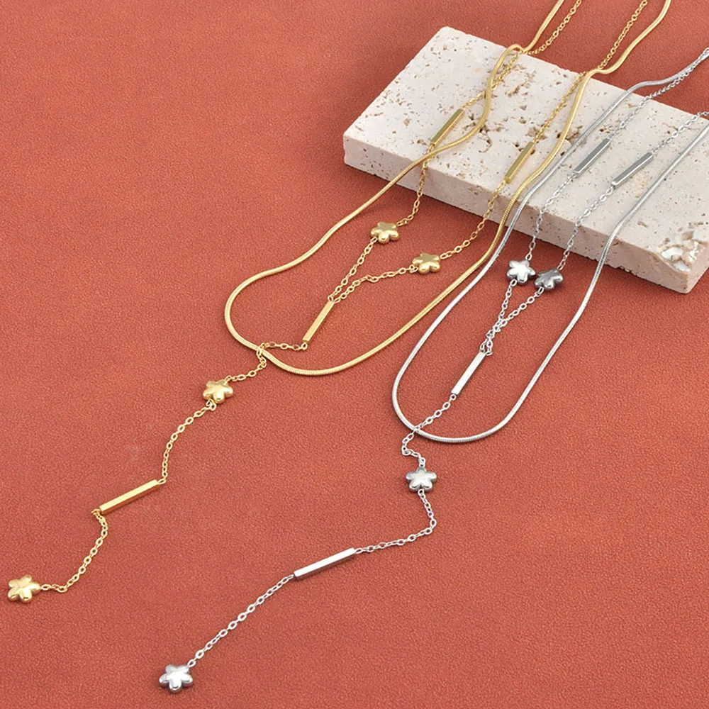 Lokaer Doppellagige lange Quastenketten-Halsketten für Damen, Edelstahl, Sternperlen-Halskette, Modeschmuck, N26017