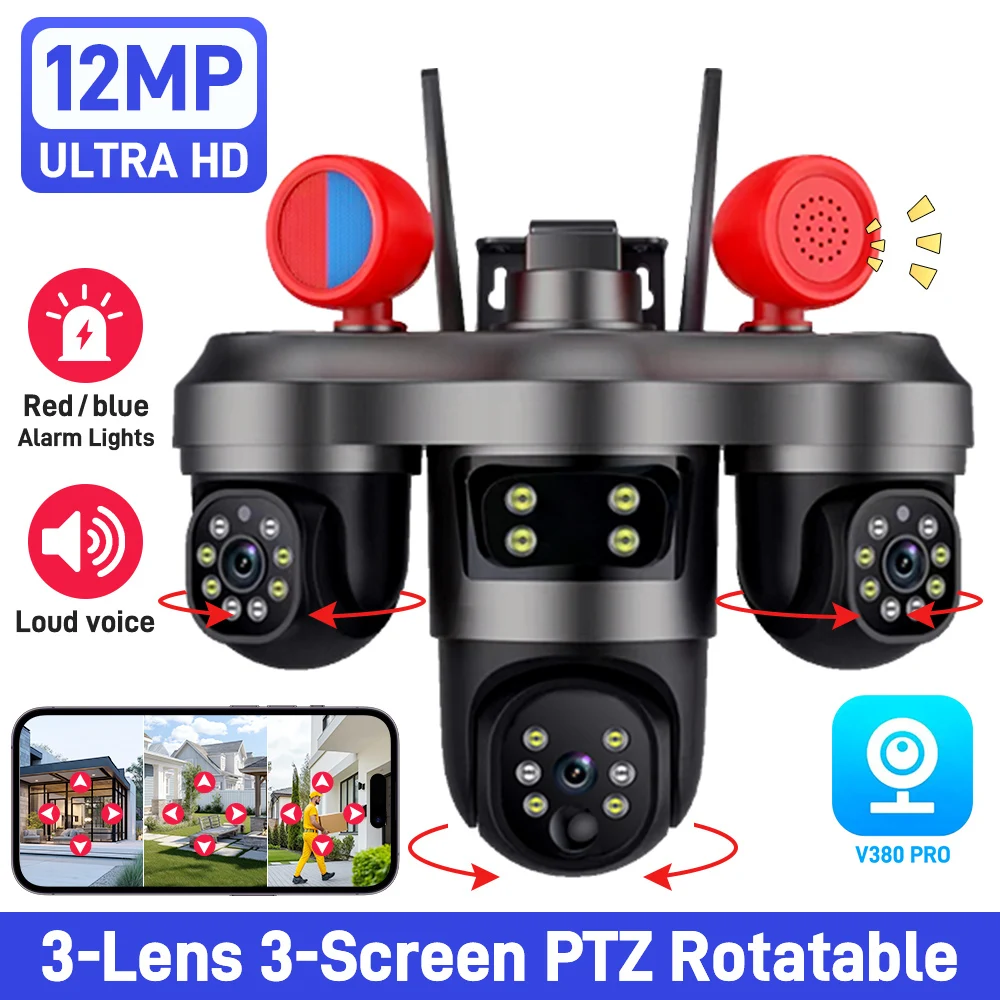

V380 WiFi Security Camera Three Screen 3 PTZ Lens 360° Wifi Surveillance IP Cam Auto Tracking Siren Alarm Home Street Cam