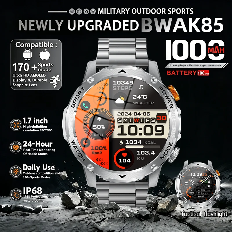 

2026 New Military Smartwatch Men 1000mAh Ultra Durable Battery Smart Watch IP68 Waterproof HD Call 100+Sport Mode LED Flashlight
