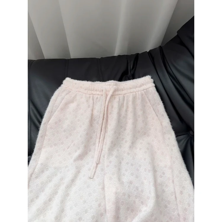 한국 슬레 소프트 폴카 도트 팬츠 여성용 가을 겨울 신상 니트 슬림 캐주얼 라이스 누들 팬츠 하이웨이스트 와이드 레그