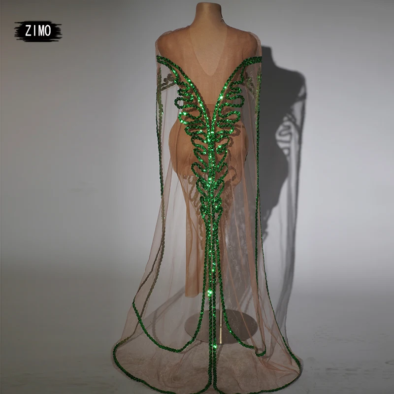 sexy see through long dress green sequins mesh see through Night Club Party Dress coat birthday Celebrate drag queen costumes