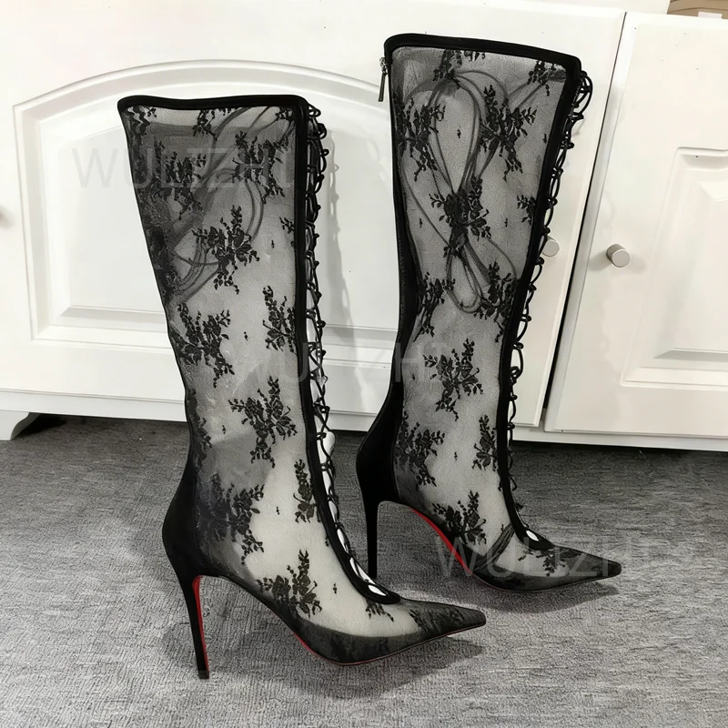 

Black Openwork Floral Lace Mesh Boots Sexy Women Crisscross Lace-Up Stiletto Heels Pointed Knee-High Booties Girls Dress Shoes