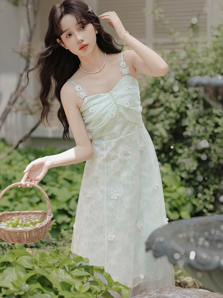 Women Green Floral Chiffon Chic Beading Luxury Sling Dress Summer Elegant Casual Holiday Dress 2025 Korean Fashion Bodycon Dress