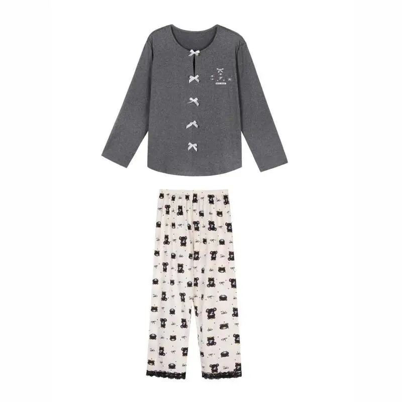 

Women's Pajama Set Fashion Homewear Long Sleeve Bear Print Pajamas Lace Trim Women Homewear Sweet Cozy New 2026 Spring Autumn
