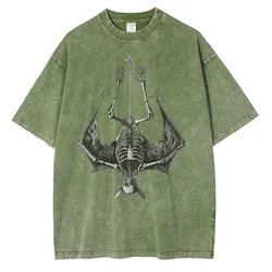 Bat Upside Down Skeleton Graphic T Shirts Heavyweight Cotton Distressed Washed T Shirt Drop Shoulder Retro Gothic Oversized Tops