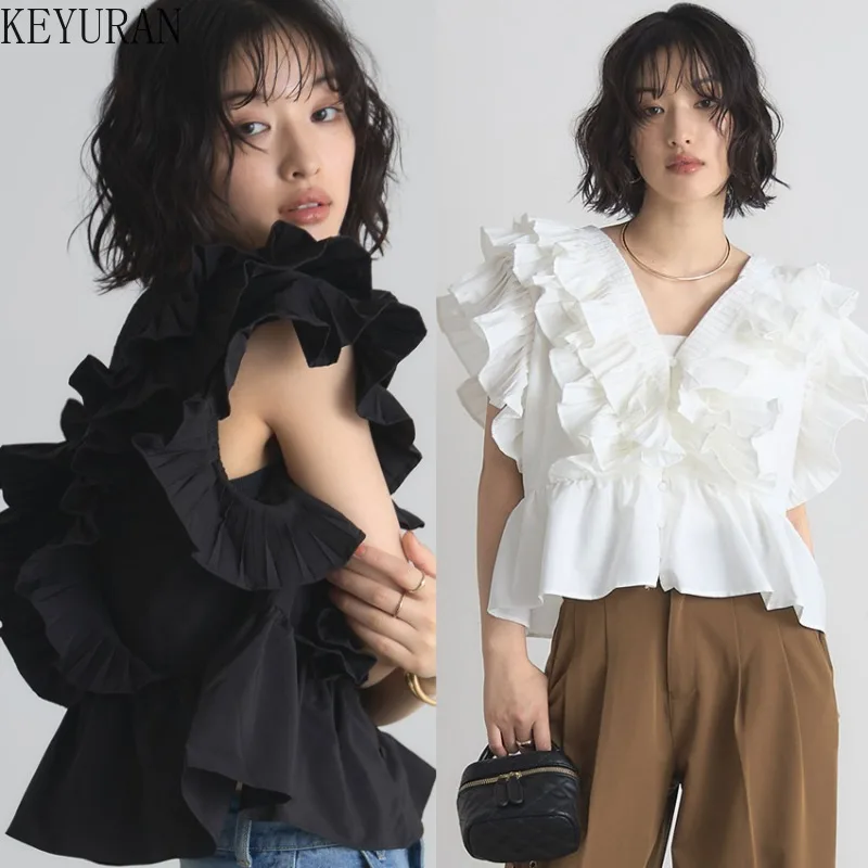 

Новинка лета 2026: Женская блузка с V-образным вырезом, плиссировкой и оборками, короткий рукав, корейский и японский стиль, однотонная, повседневная