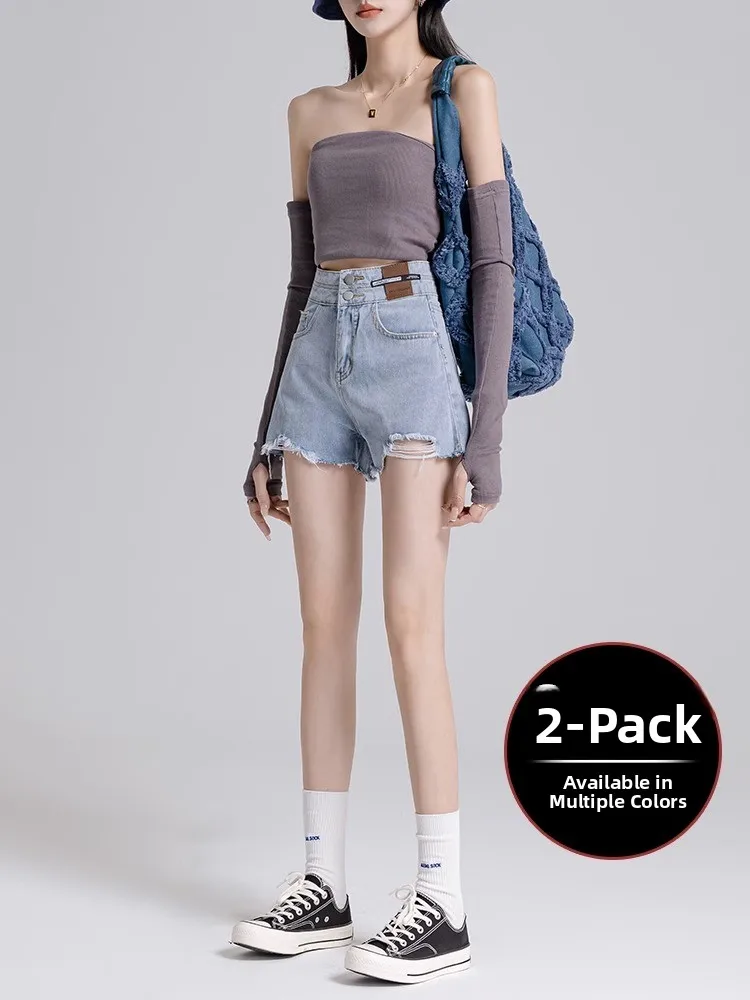 

High Waist Denim Shorts Women's Summer Thin Loose Fitting A-Line Wide Leg Hot Pants Torn Hole Jeans Cotton Polyester Blend