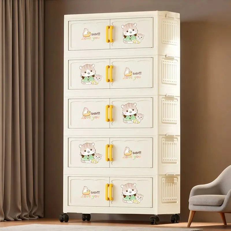 

Foldable Multi-Tier Toy Storage Cabinet with Wheels for Home Bedroom Use Cartoon Design Kids Clothing Organizer Storage Box