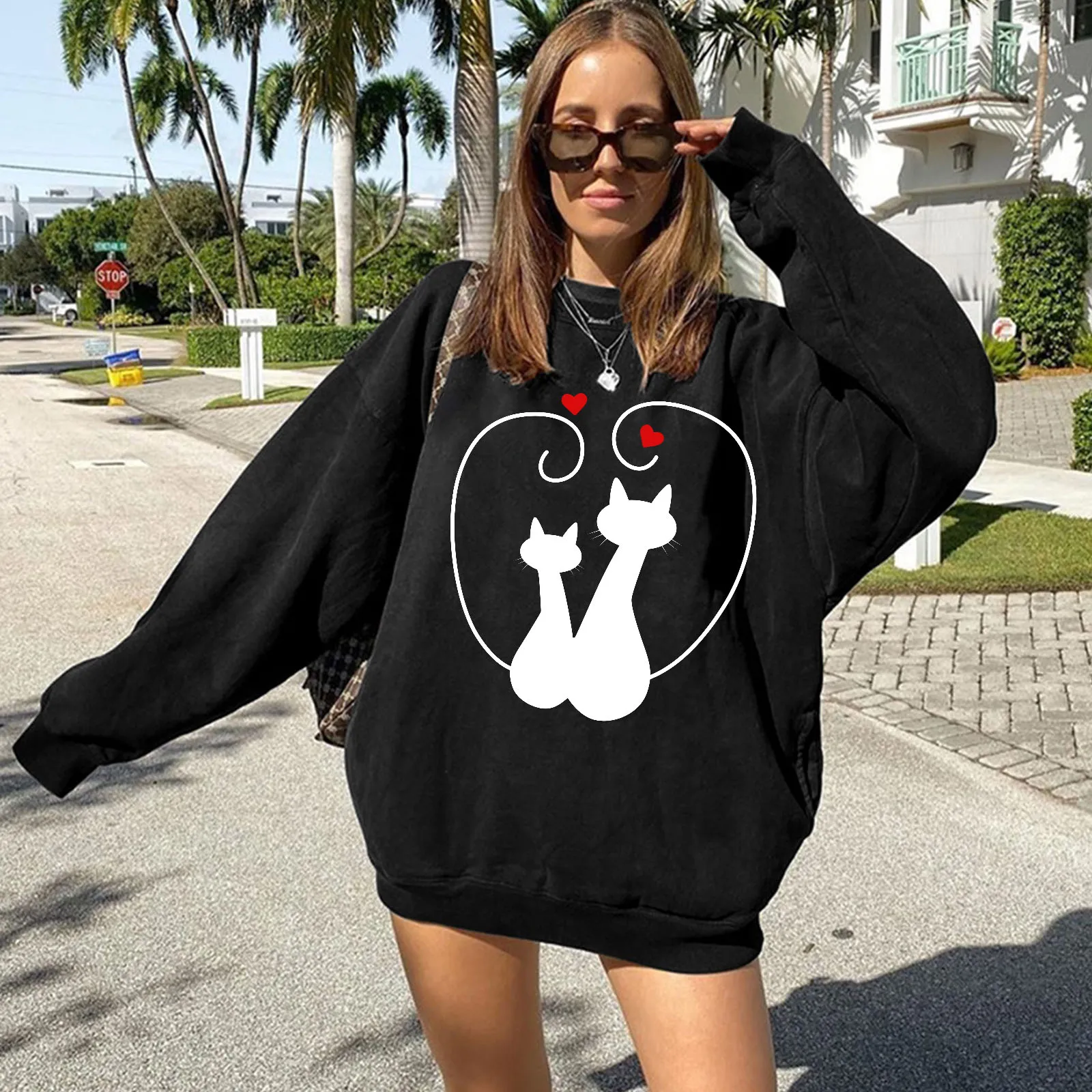 Seeyoushy Cat Lovers Love Print Casual Fashion Long Sleeve Top Y2K Aesthetic Trend Clothing Harajuku 2023 Top Y2k Clothes Women