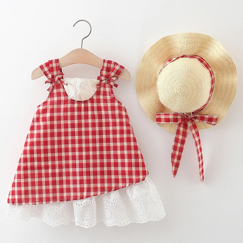 

2Piece Sets Summer Kids Clothes Girls Korean Fashion Cute Plaid Bow Sleeveless Princess Birthday Dress+Hat Baby Dresses BC084