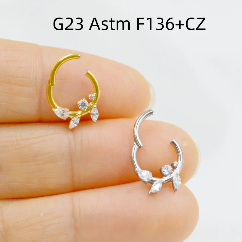 10pcs G23 ASTM F136 Titanium CZ Leaf Nose Hoop Septum Clicker Ring Earring Lip Ear Tragus Helix Cartilage Body Piercing