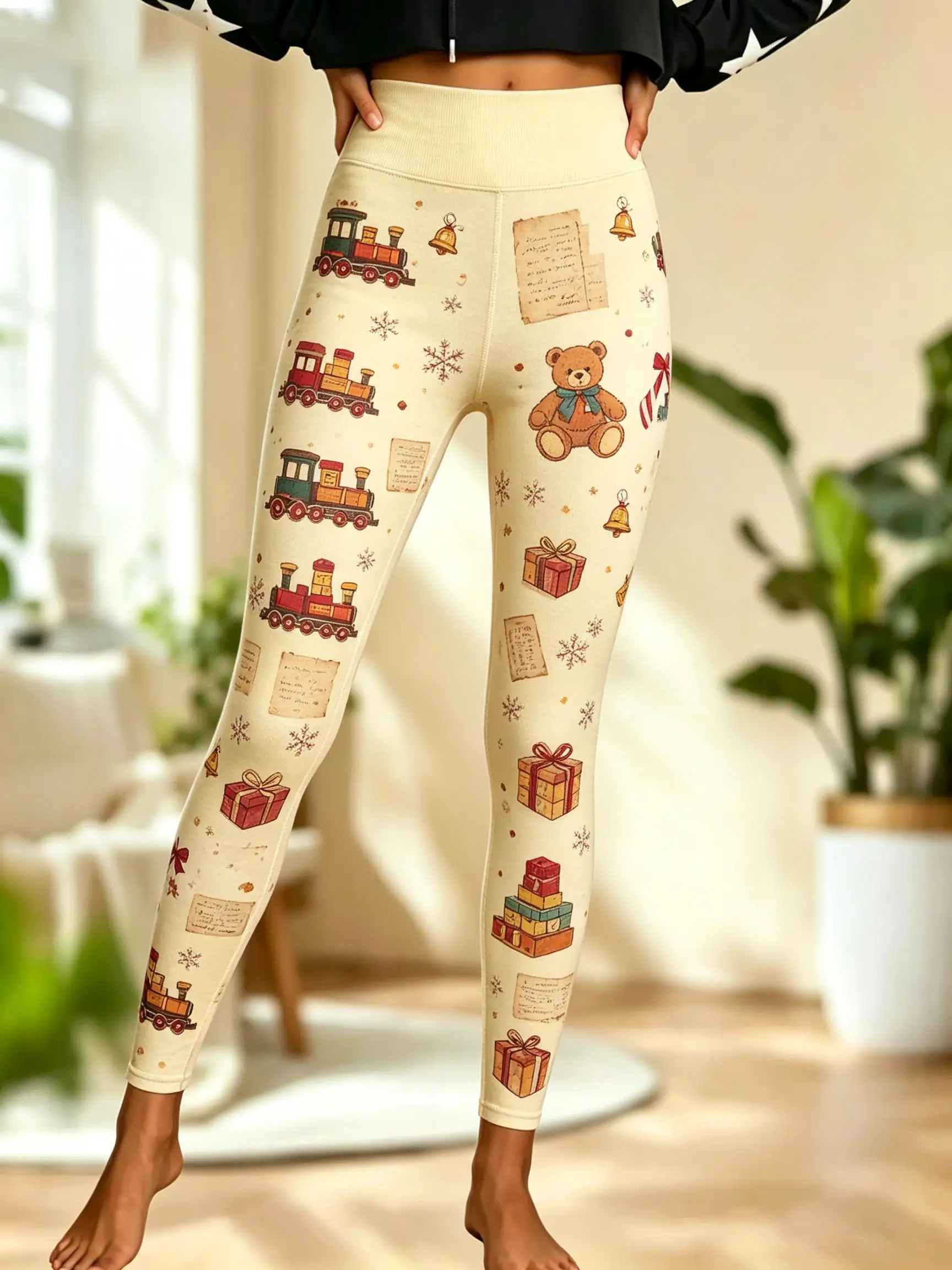 Women Fleece-Lined Mid-Rise Leggings Christmas Patchwork Candy Cane Gift Snowflake Print Slim Warm Pants - view 5