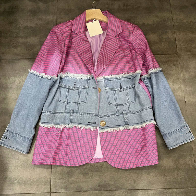 

Fashion Pink Blue Plaid Splicing Pocket Denim Blazer Women Mid Long Suit Collar Outewear Female Loose Casual Jeans Suit Jacket