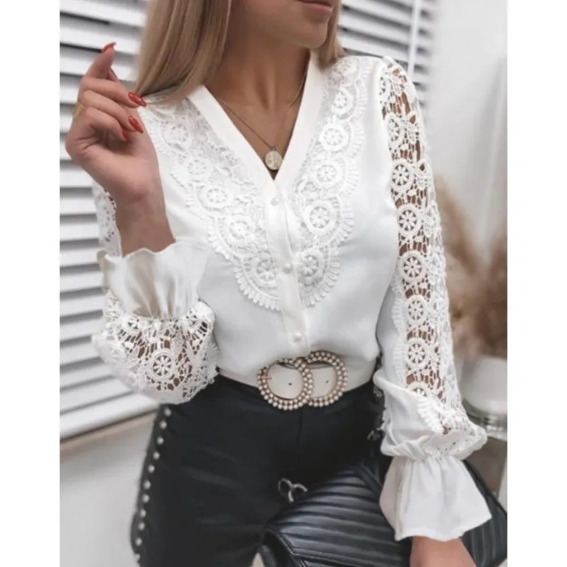 Vrouwen Wit Zwart Elegant Kant Uitgehold Blouse 2023 Lente Nieuwe Lange Mouwen Y2K Knoppen Mesh Top Vintage Dameskleding