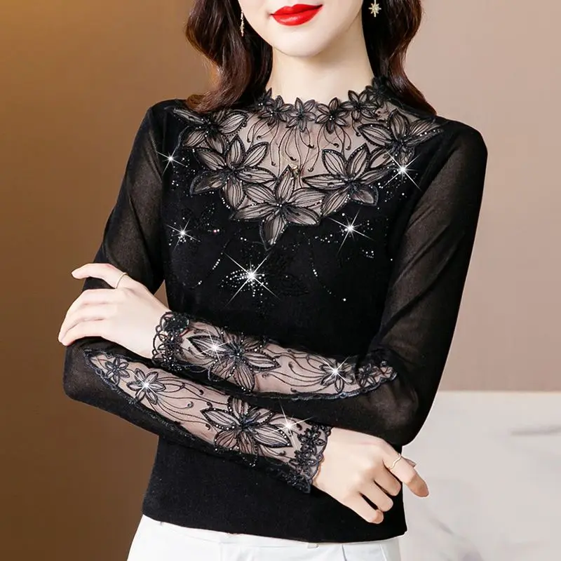 Autumn Winter New Women\'s Pullovers Solid Color O-Neck Long Sleeve Fashion Elegant Sequined Gauze Embroidery Sexy T-shirt Tops