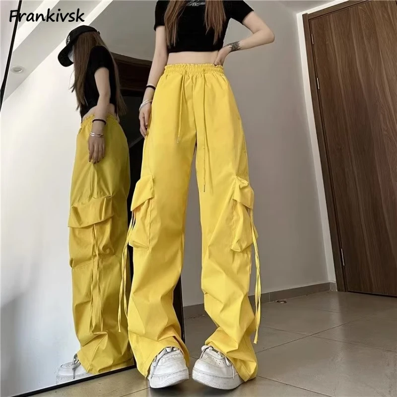 

Cargo Pants Women Drawstring Pockets Hip-hop American Retro High Waist Streetwear Chic Loose Casual Summer Harajuku College New