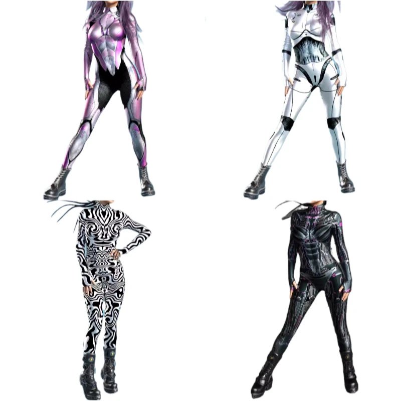 

Halloween New Women Gothic Skeleton Bodysuit Premium Matte Metallic Print Form Fitting Horror Costume with Tactical Straps