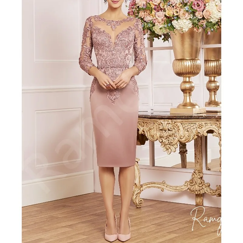 Elegant Mother of the Bride Dress in Dusty Rose Lace Knee Length Sheer Sleeves Matching Bolero Jacket Wedding Guest Attire Women