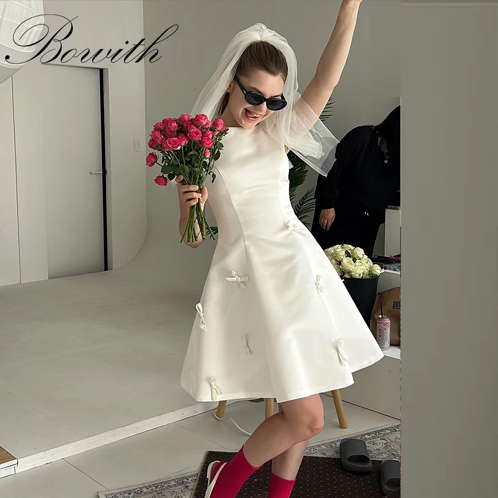 

Bowith Mini Bow Wedding Party Dresses Photo Shoot A-line Satin Lovely Bridal Gown Above knee Customized Gown for Bride